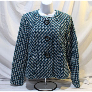 I.C.E. Women's M Teal Black Herringbone Tweed Lined Large Button Blazer Pockets